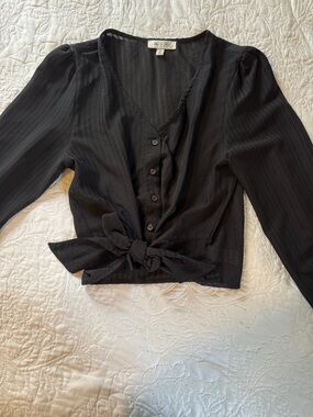 She + Sky Black Tie-Front V-Neck Long Sleeve Blouse